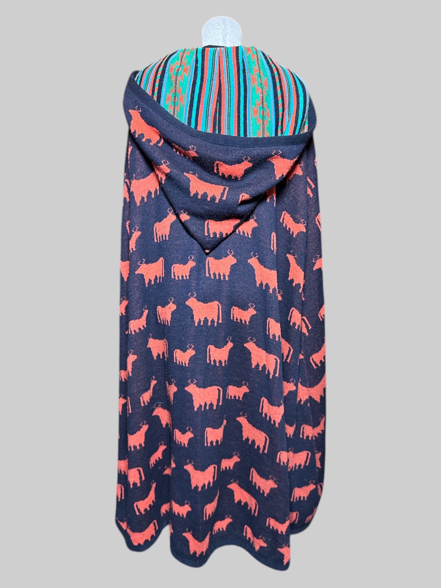 L Vintage 70’s collectors item bluish black and orange sweater top with cows and matching cape with Lord & Taylor tag and Sant Angelo knits tag