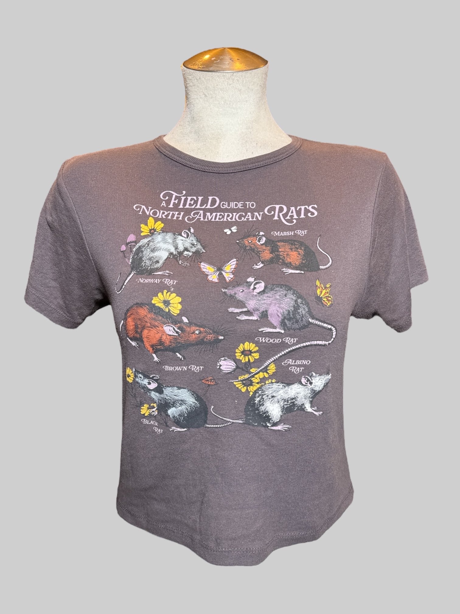 L brown crap T-shirt with a field guide to North American, rats graphic on front