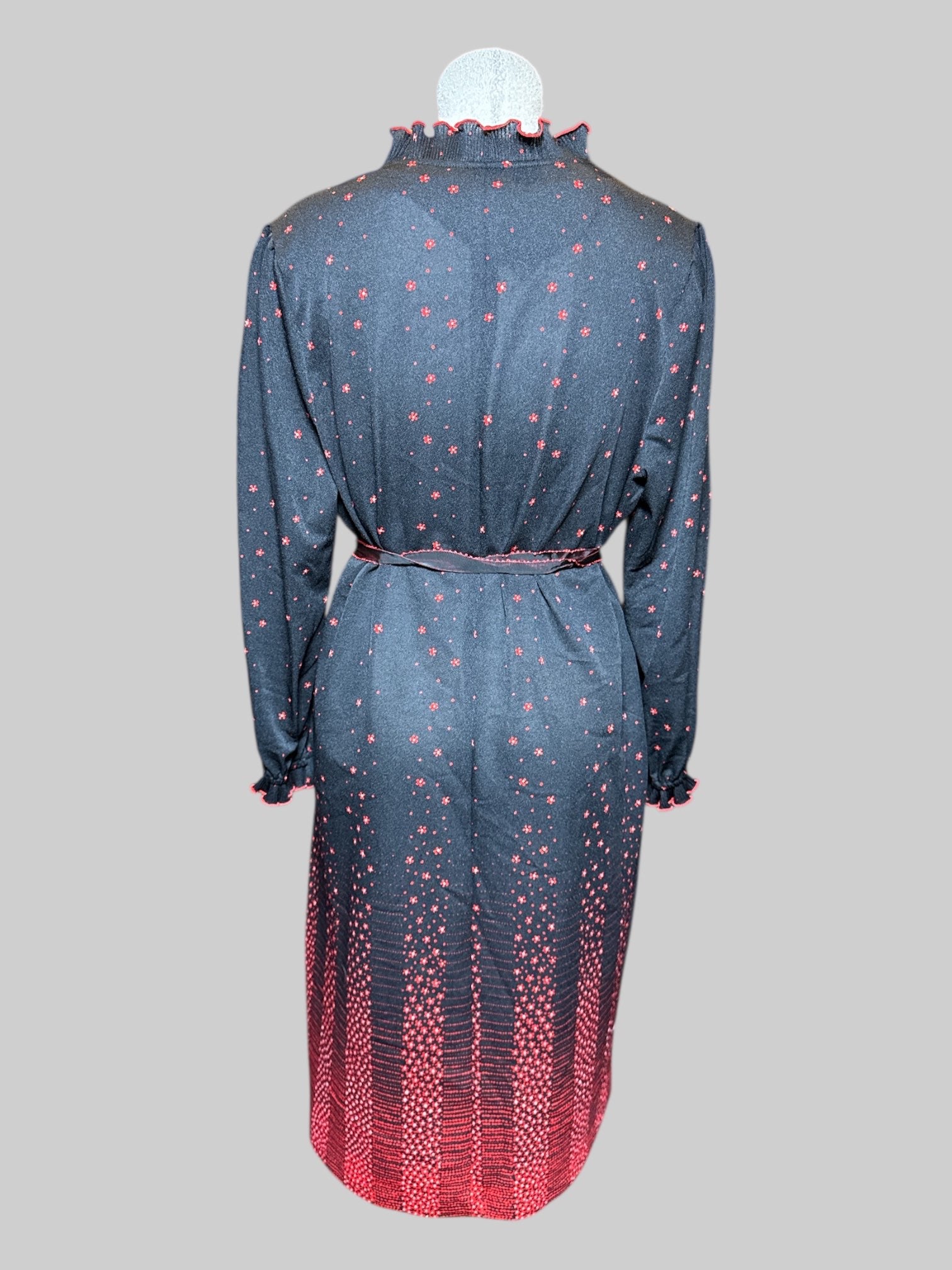 XL vintage black and red, long sleeve floral dress with balloon, ruffle sleeves, ruffle neckline, and separate tie belt