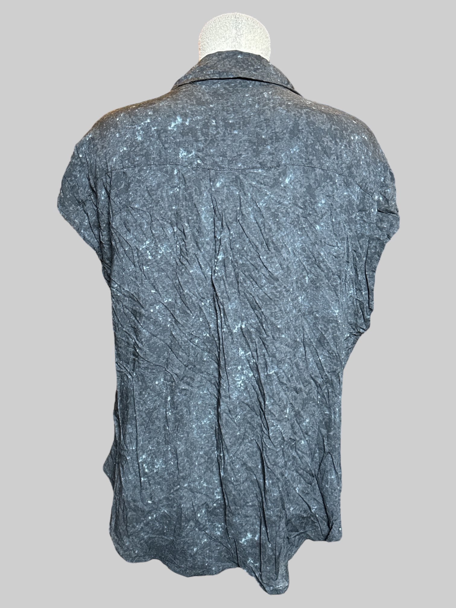 1X black pixelated “Jurassic Park”short sleeve button down with dinosaur and tree embroidery on front