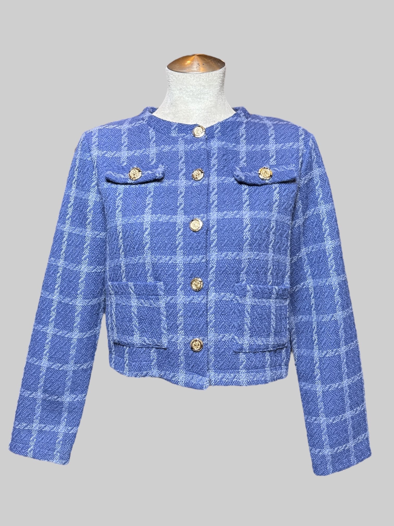 M cropped blue and light blue checkered jacket with gold color buttons