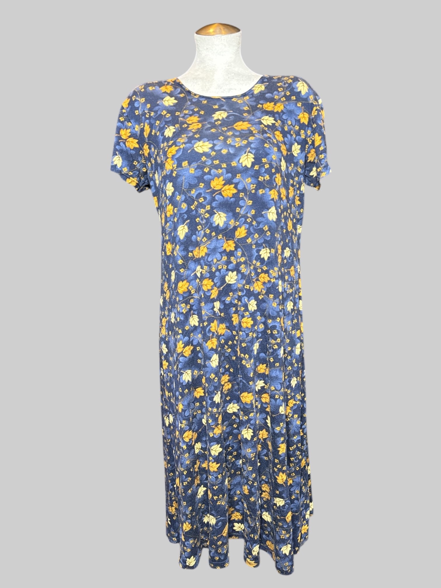 XL vintage dark blue and light blue dress with brown botanicals