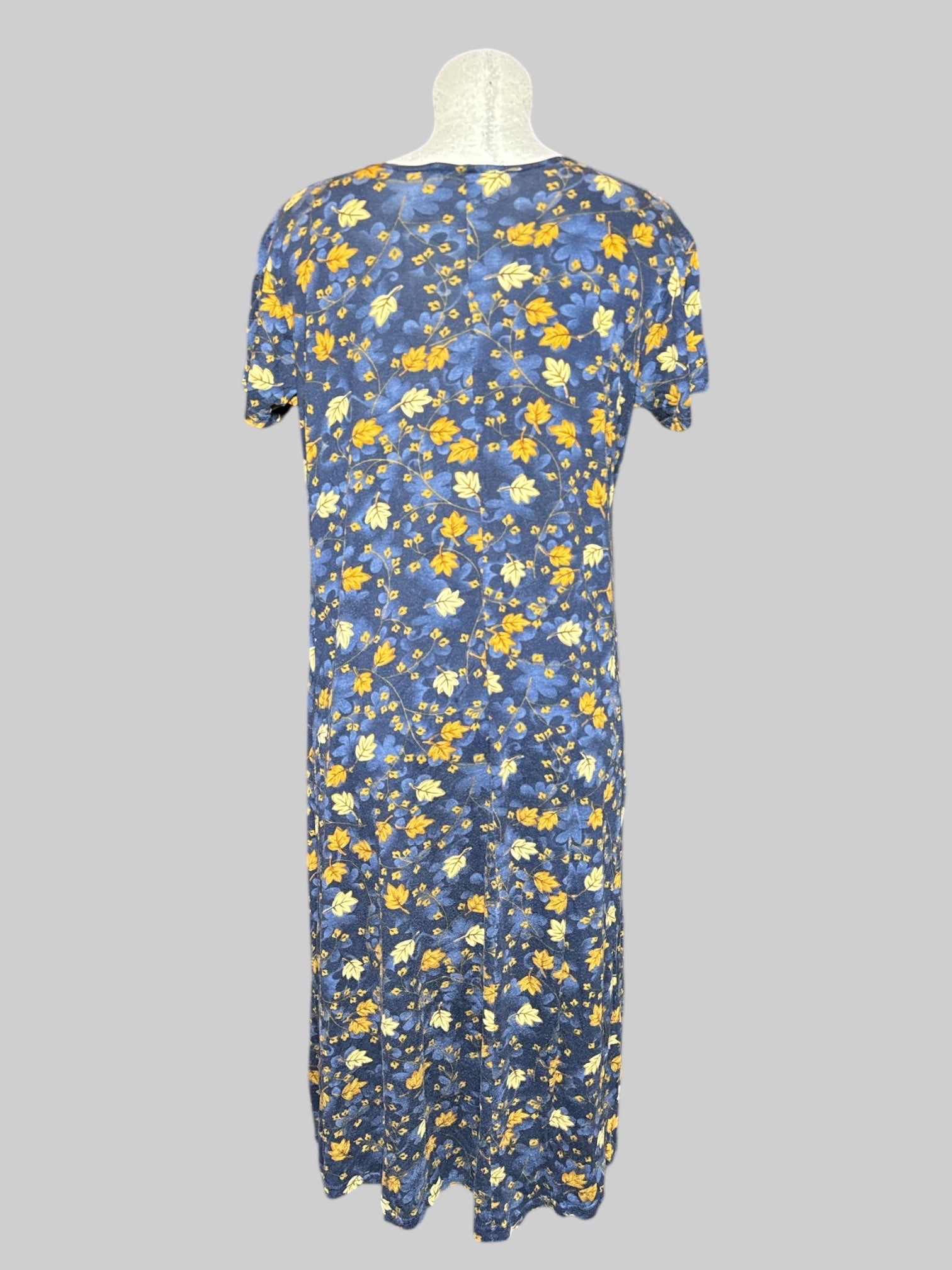 XL vintage dark blue and light blue dress with brown botanicals