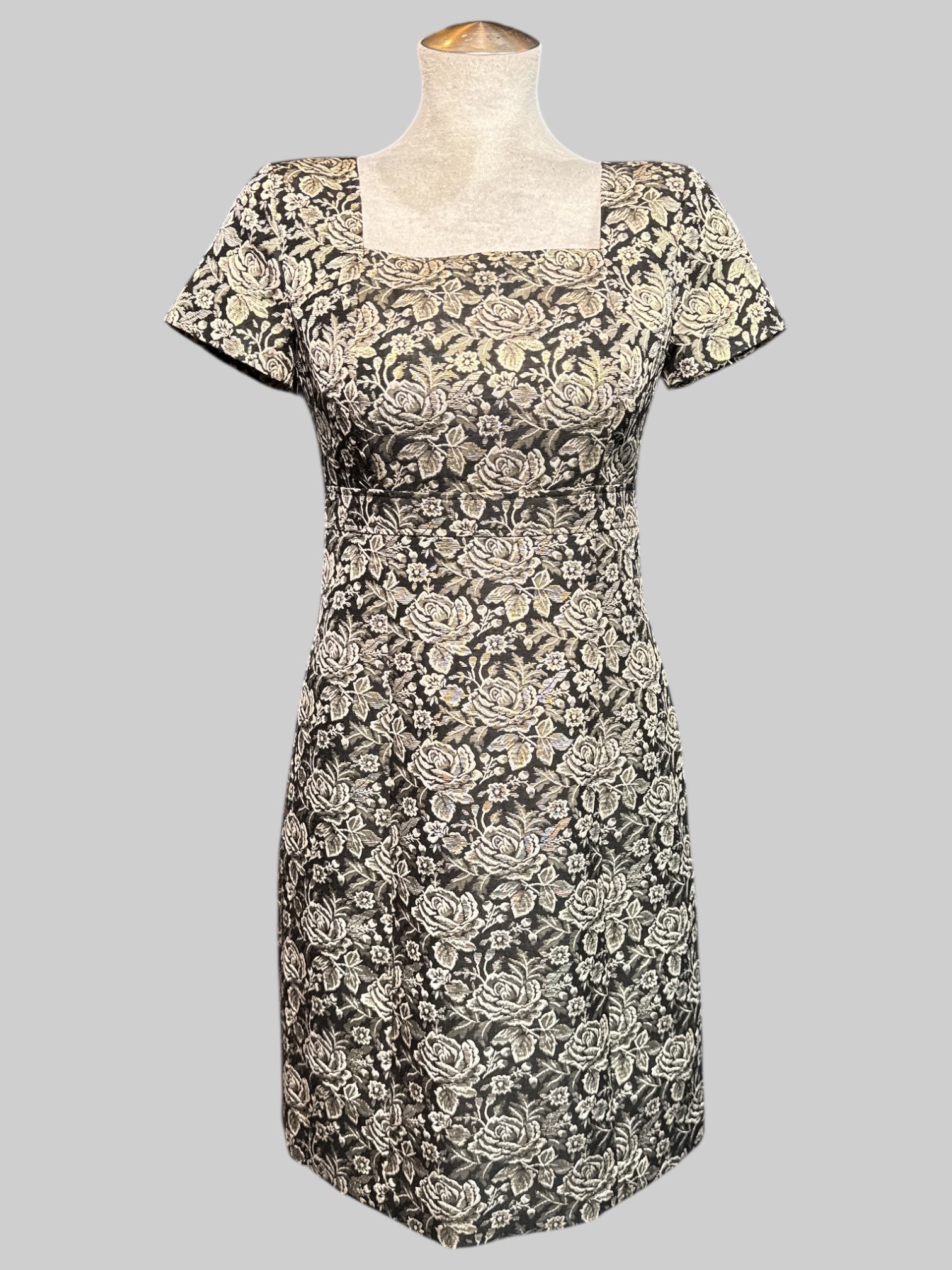 M black dress with gold metallic florals and zipper in back