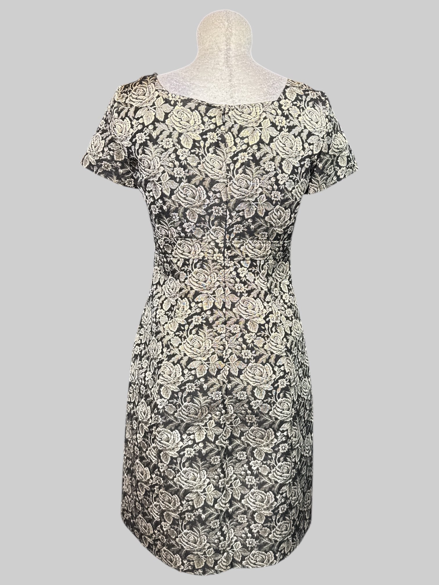 M black dress with gold metallic florals and zipper in back