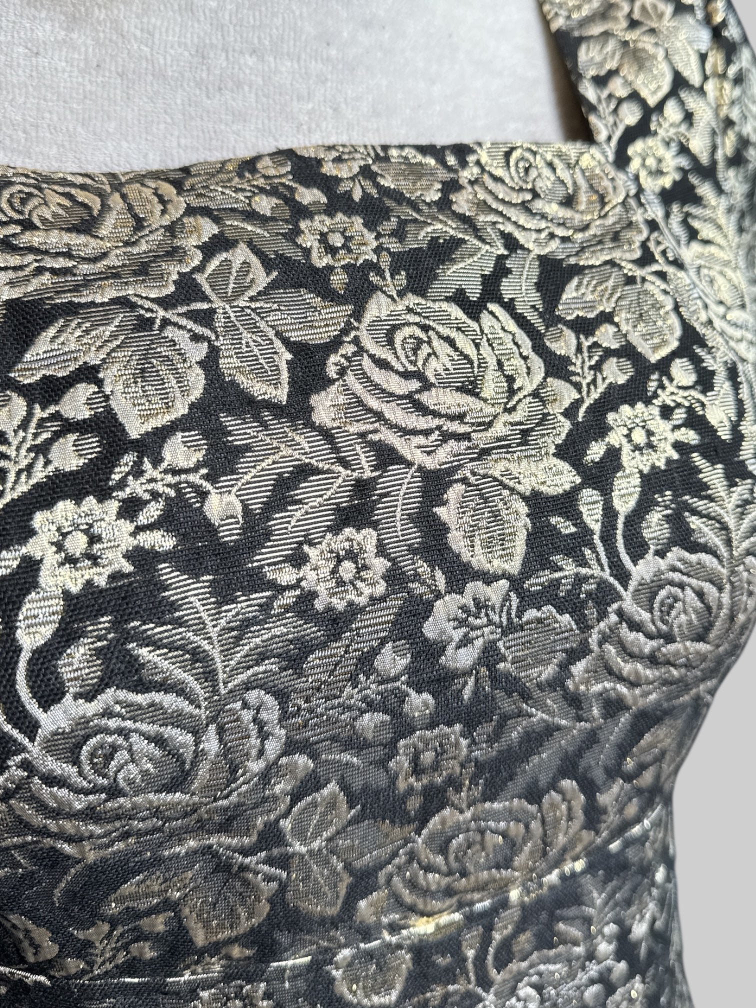 M black dress with gold metallic florals and zipper in back