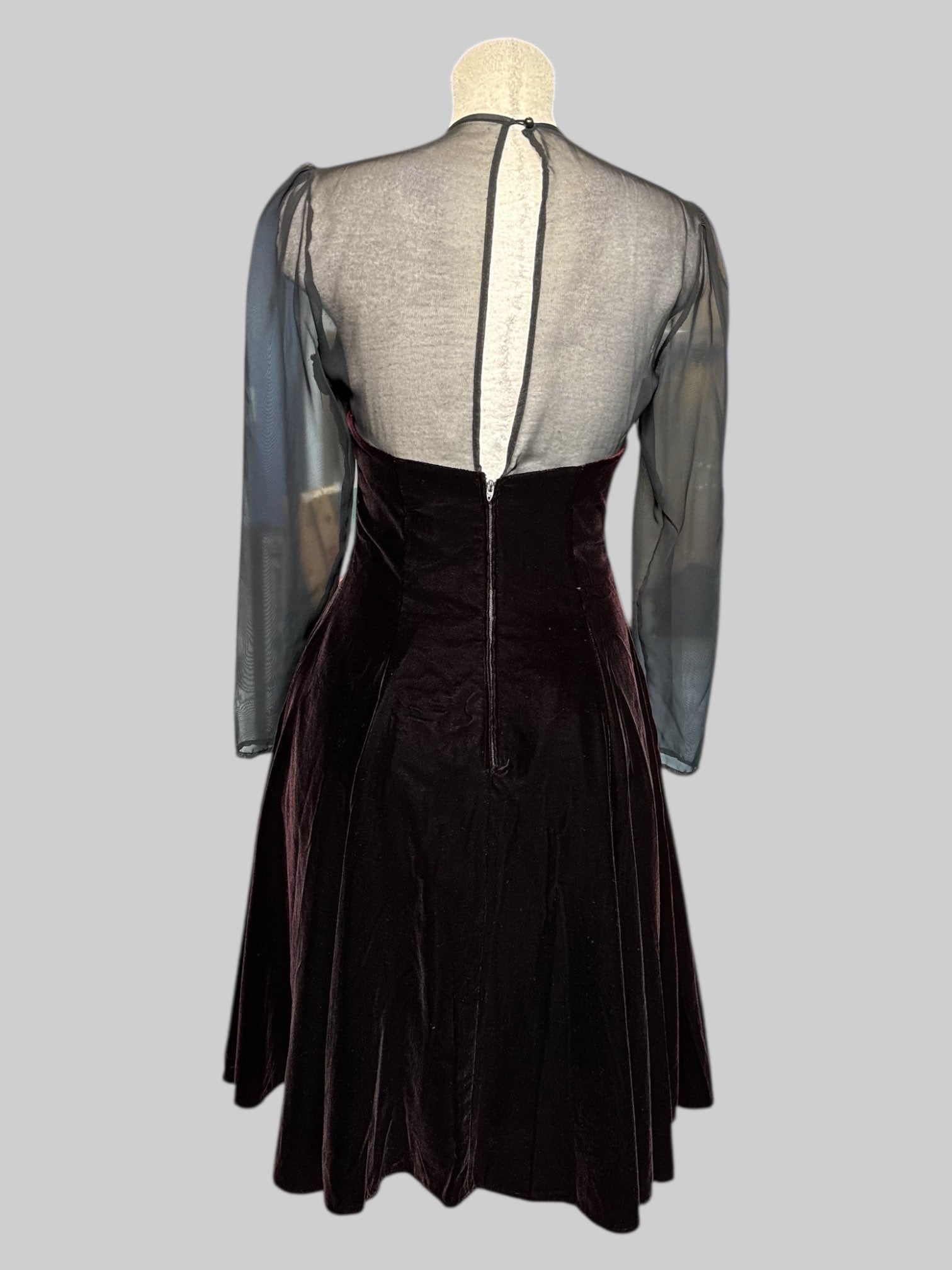 M vintage red velvet dress with sheer top, keyhole back, tulle under dress, and zipper