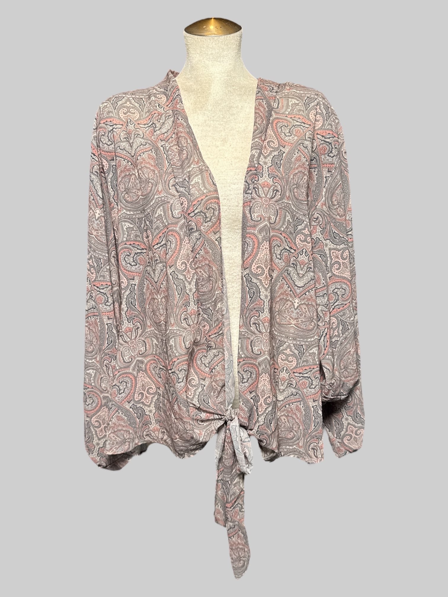 3X multicolor paisley pattern wrap cardigan