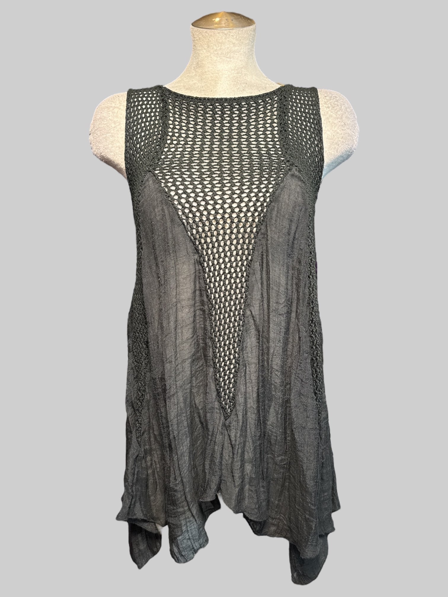 L flowy black loose knit top with sheer black panels