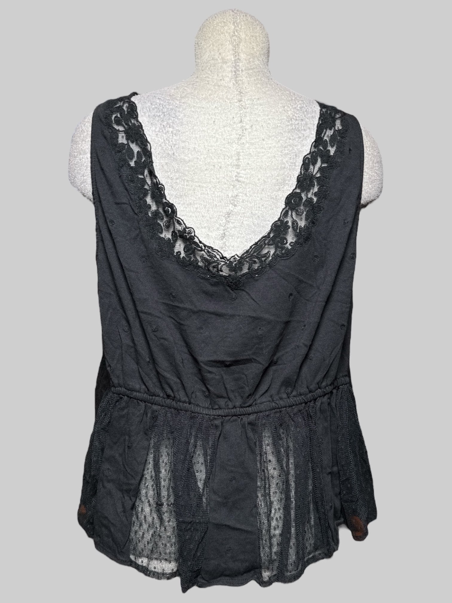 4X black sleeveless top with lace and sheer polka dot panels