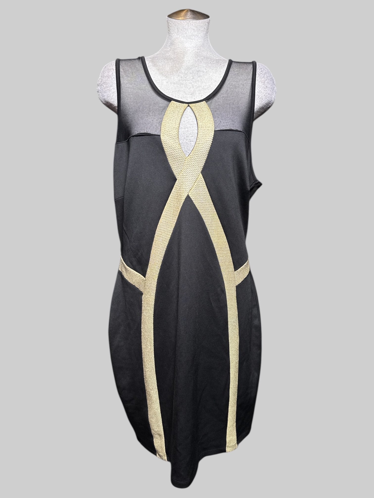 3X black sleeveless body con dress with metallic gold accents and sheer chest and back