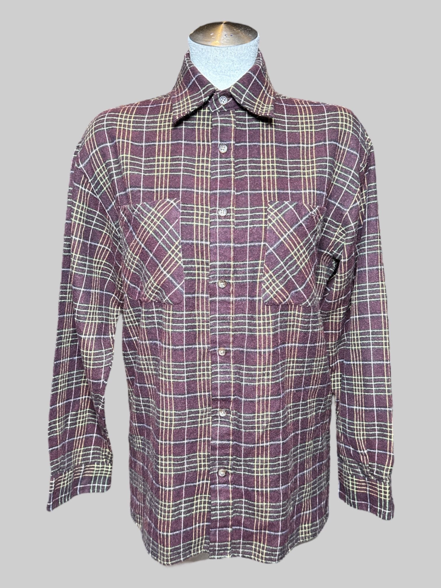 L maroon, multicolor plaid long sleeve top with two front pockets