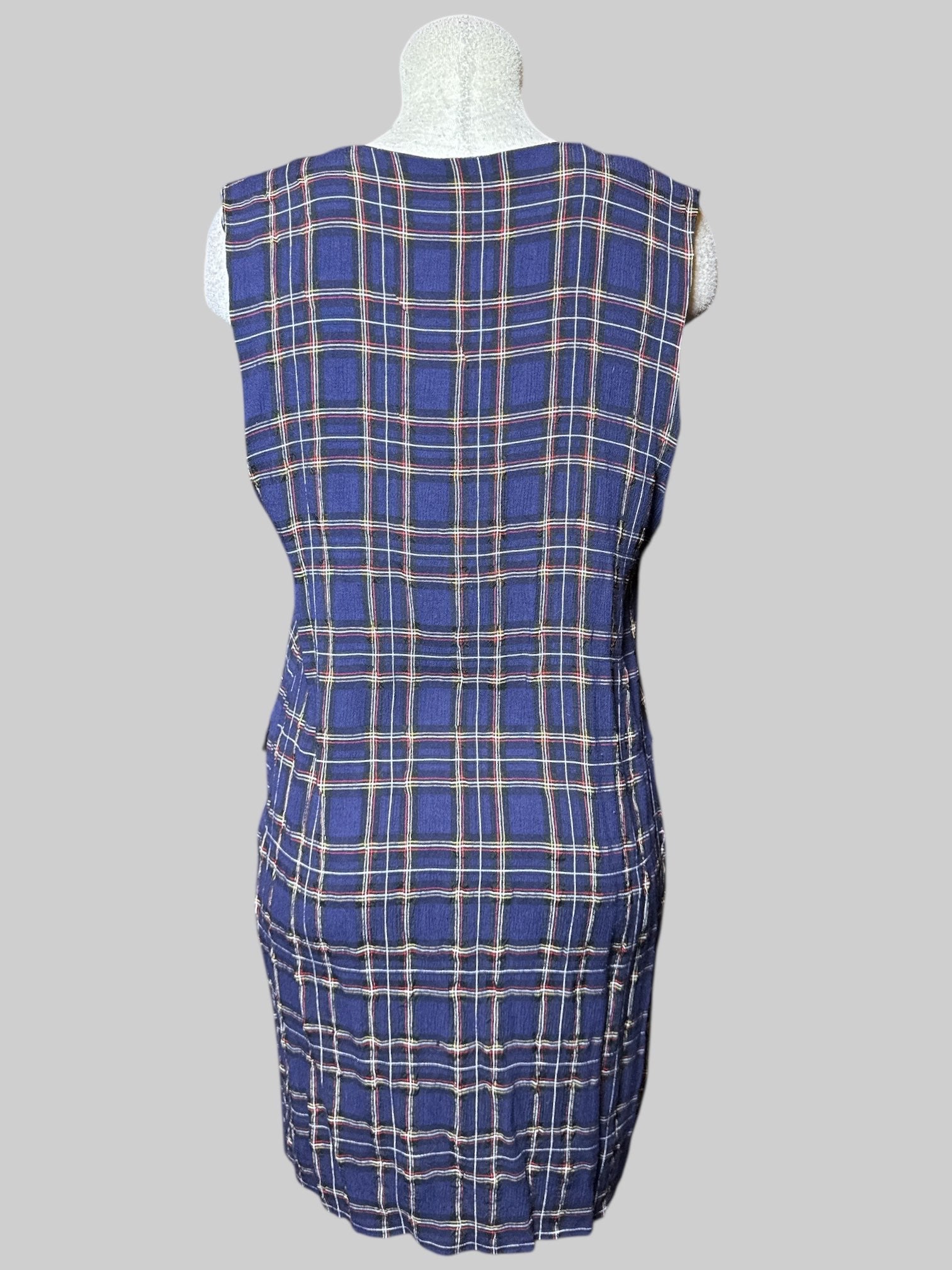 L vintage navy blue multicolor sleeveless dress with low cut V-neck, and faux pockets on front