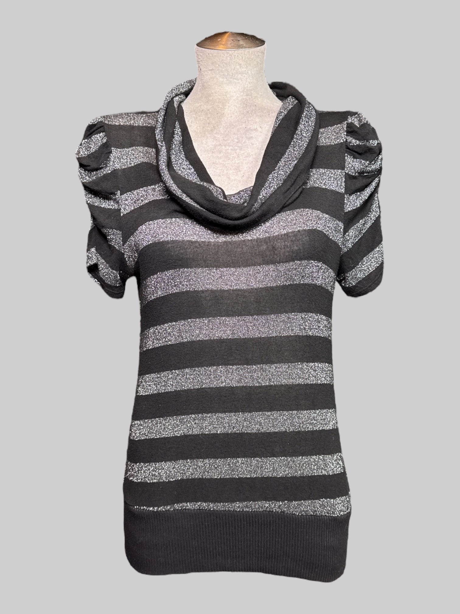 L black and silver striped short sleeve sheer top with shirred shoulders, and cowl neck