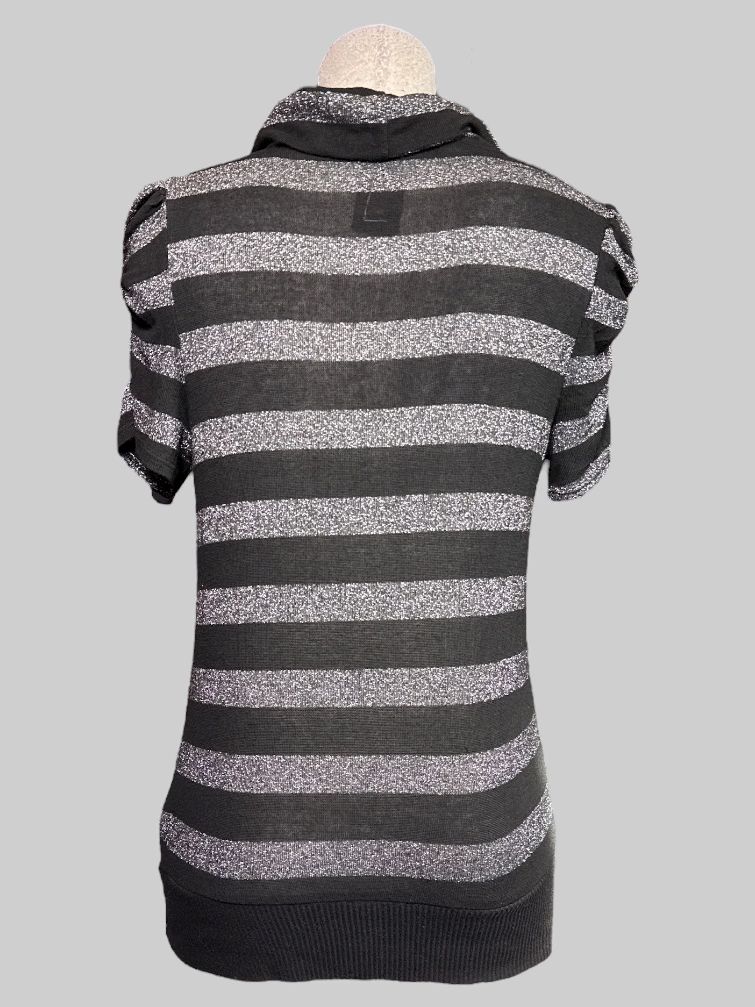 L black and silver striped short sleeve sheer top with shirred shoulders, and cowl neck