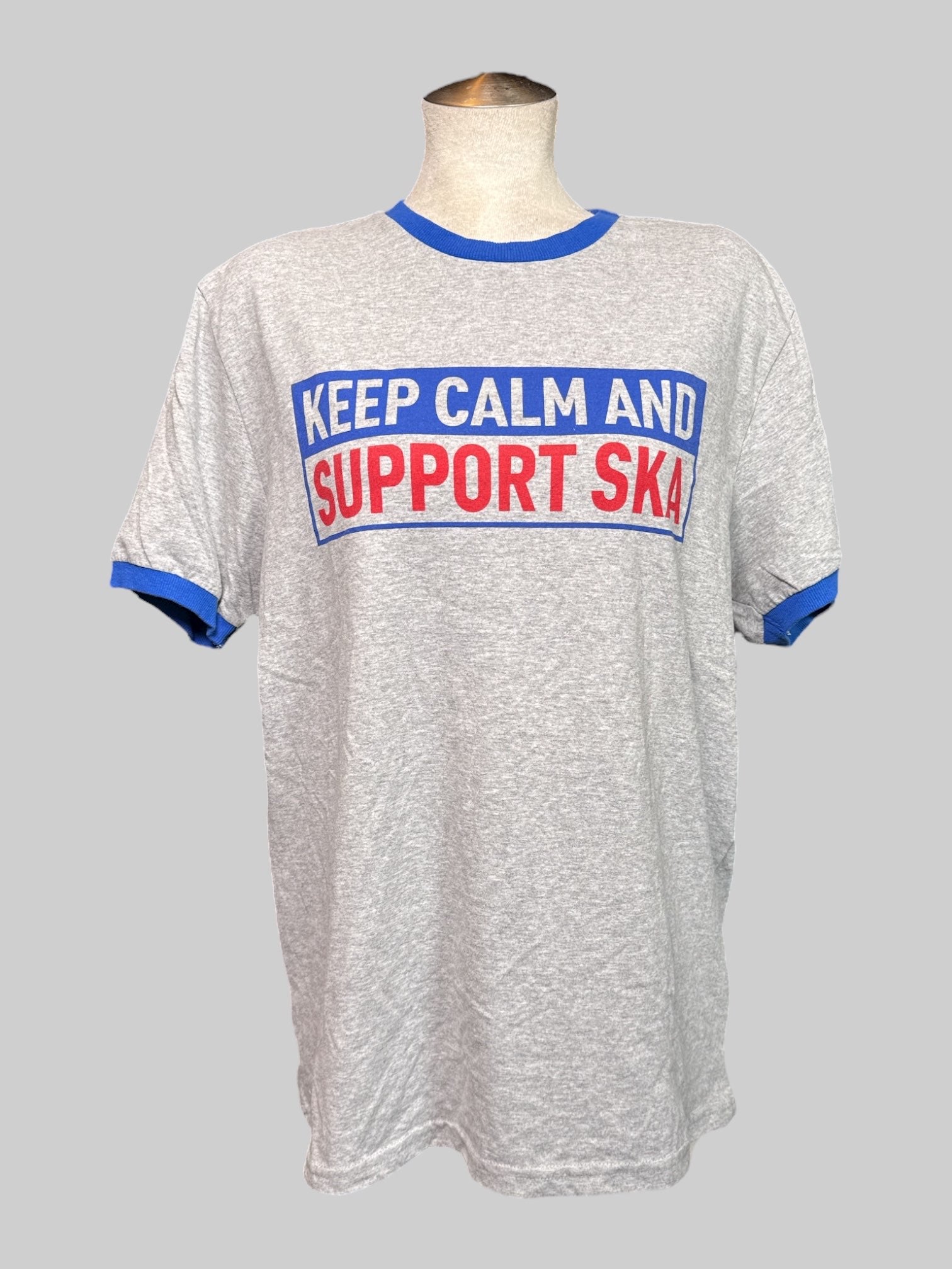 XL heathered gray T-shirt with blue hems, and “keep calm and support ska” graphic