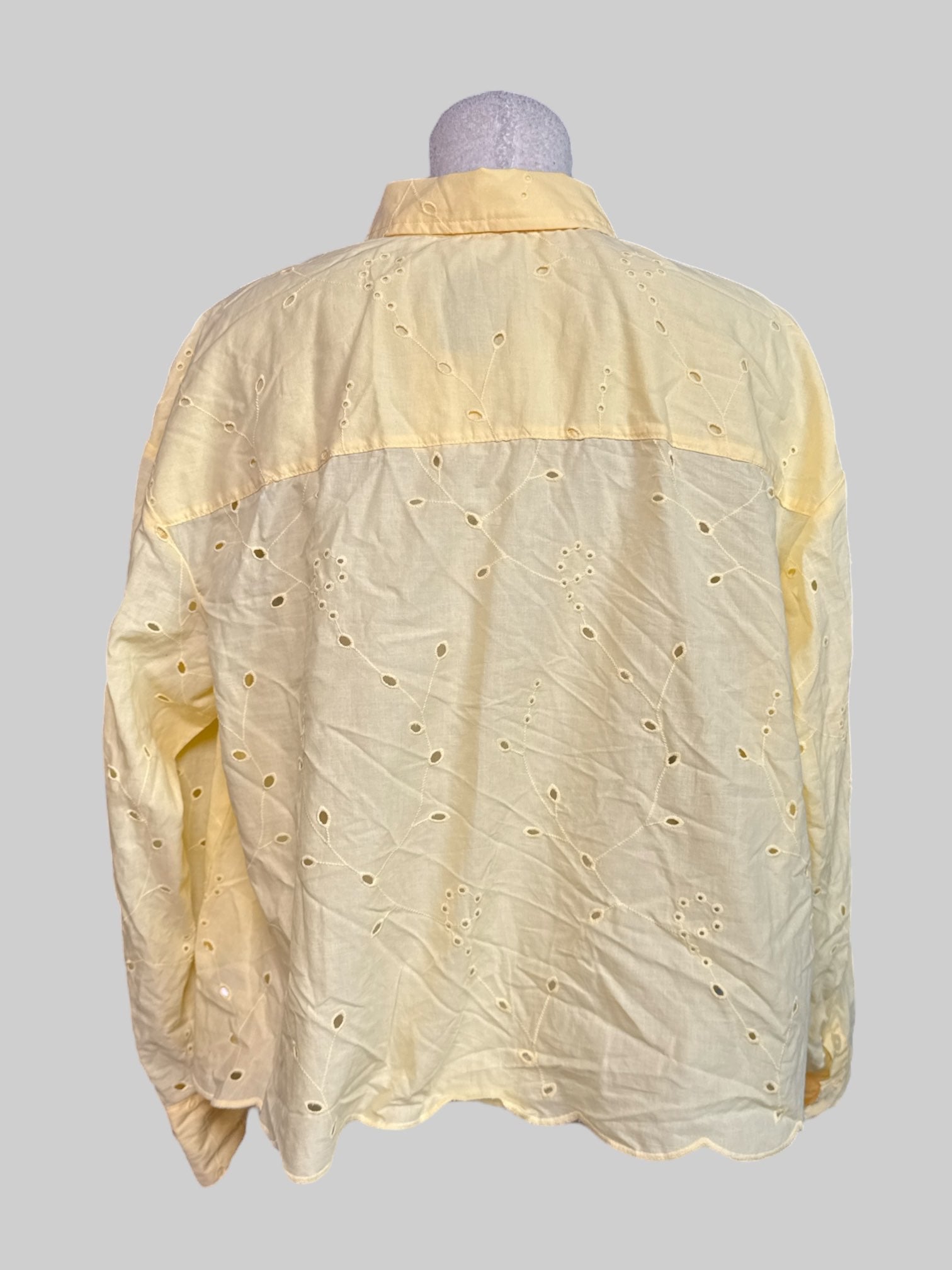 1X NWT light, yellow long sleeve button up with botanical eyelet, cut out design all over