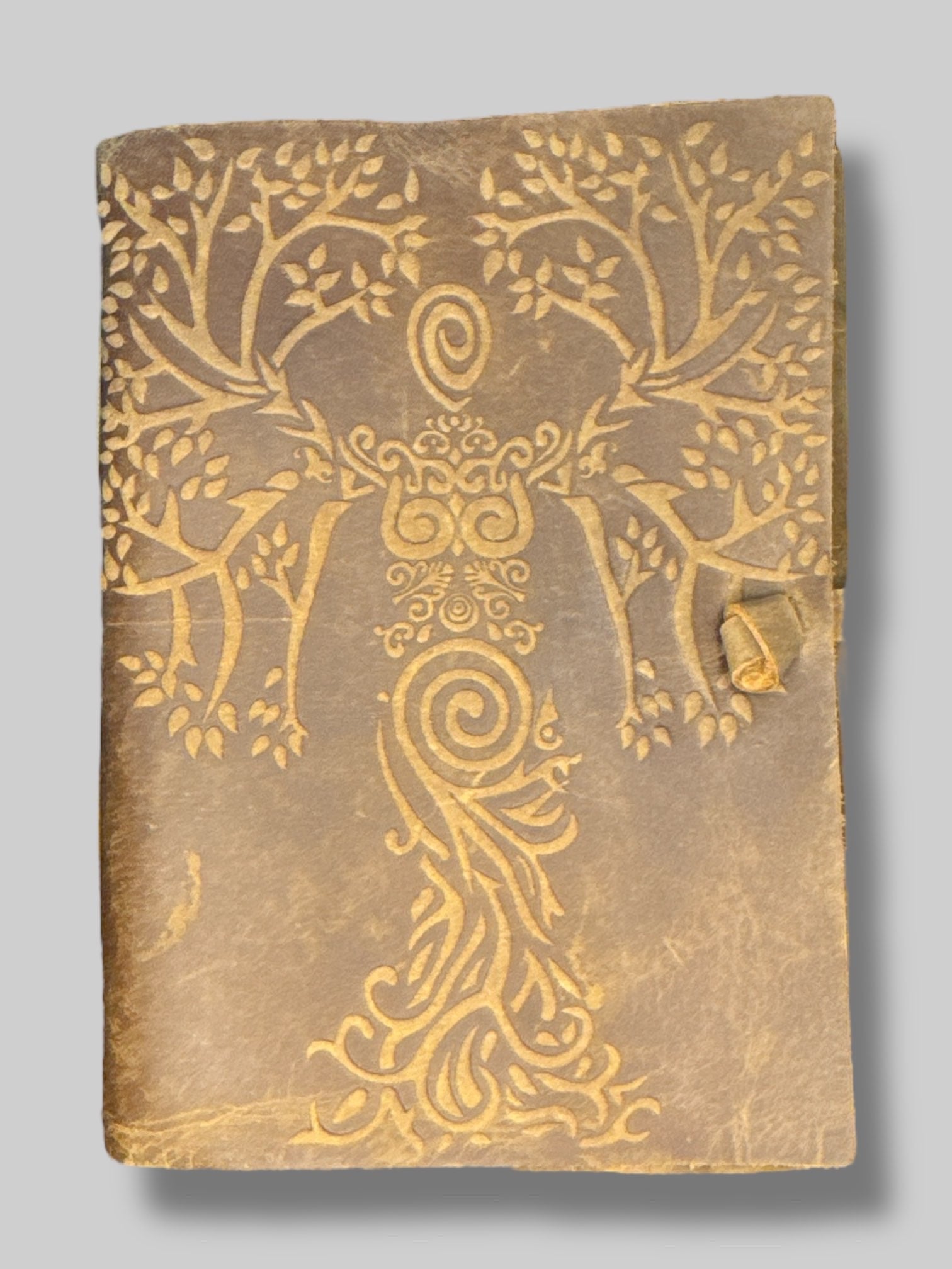 7” by 5” brown genuine leather tie journal with owl design