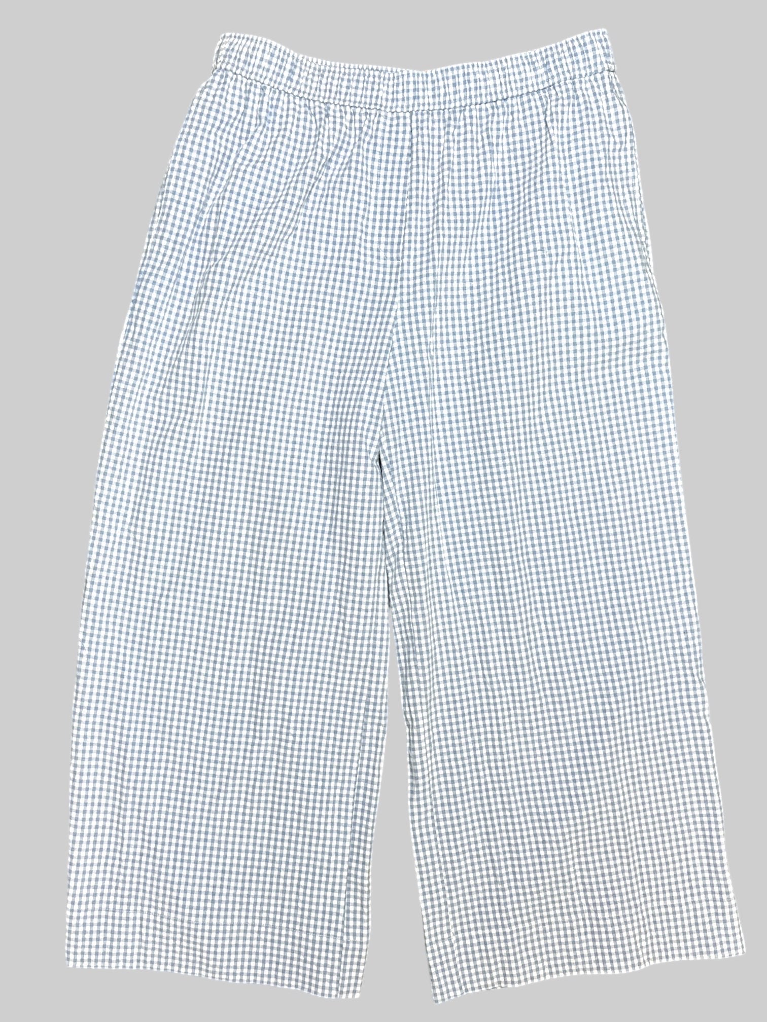 2X light blue and white gingham pants with elastic waistband and slits on bottom