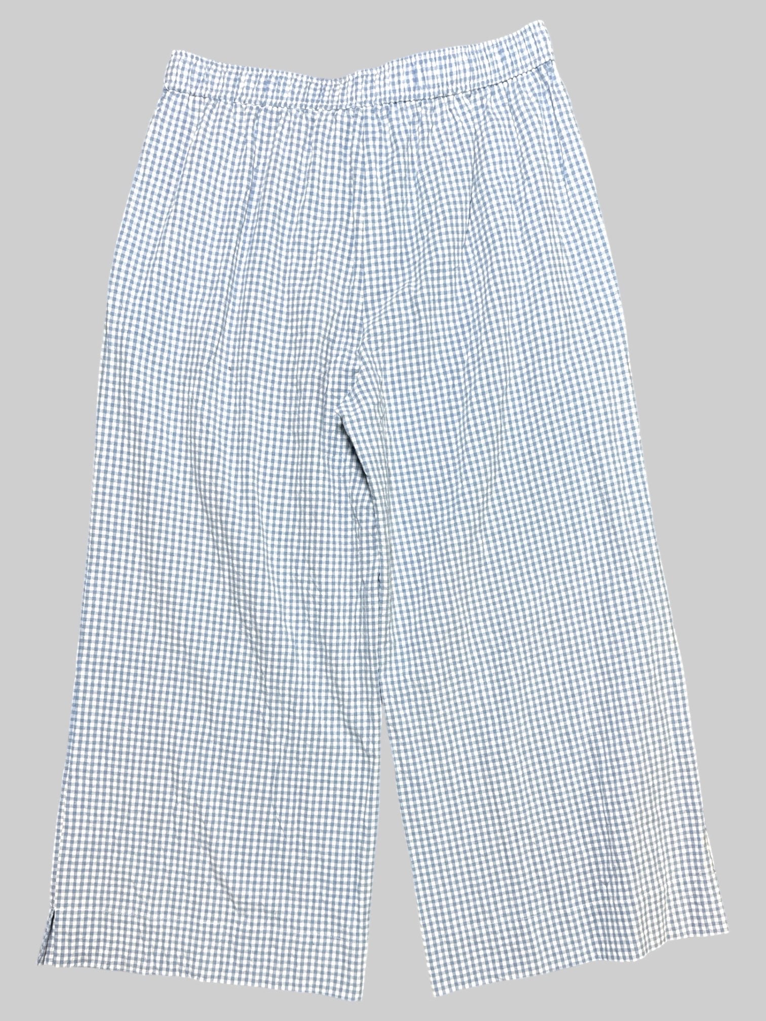 2X light blue and white gingham pants with elastic waistband and slits on bottom