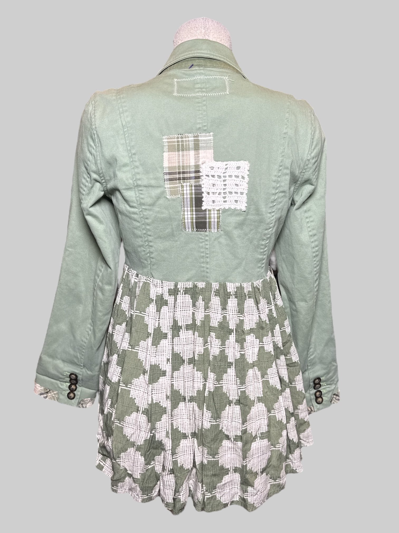 S light green jacket with split plaid and geometric pattern and patchwork