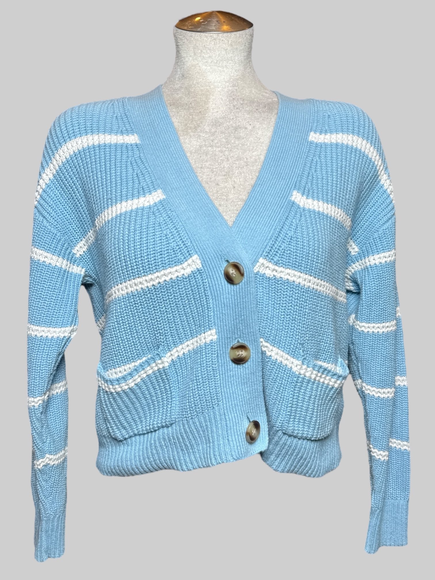 M blue and white knit striped cardigan with buttons