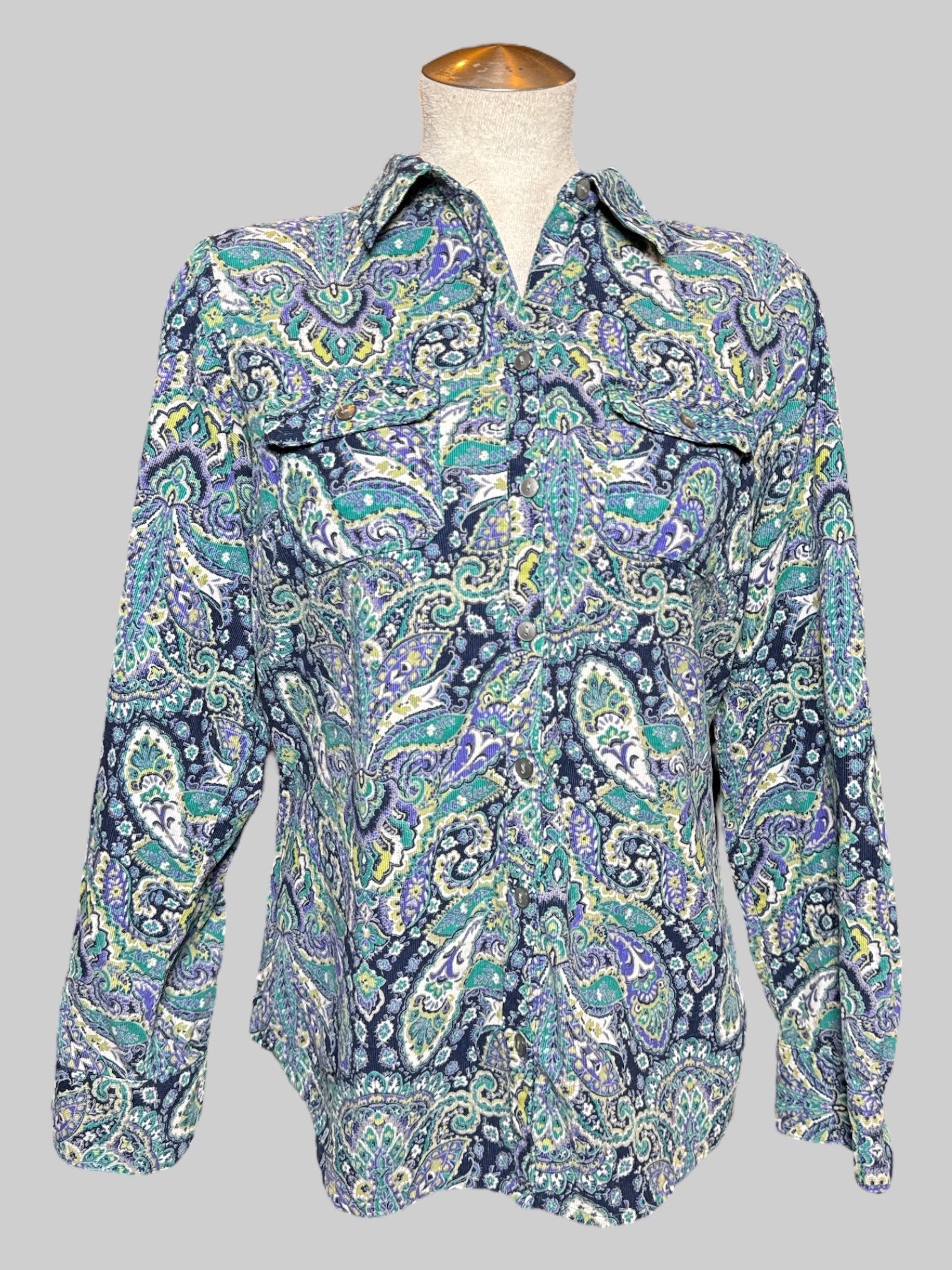 M corduroy funky multicolor paisley pattern button up