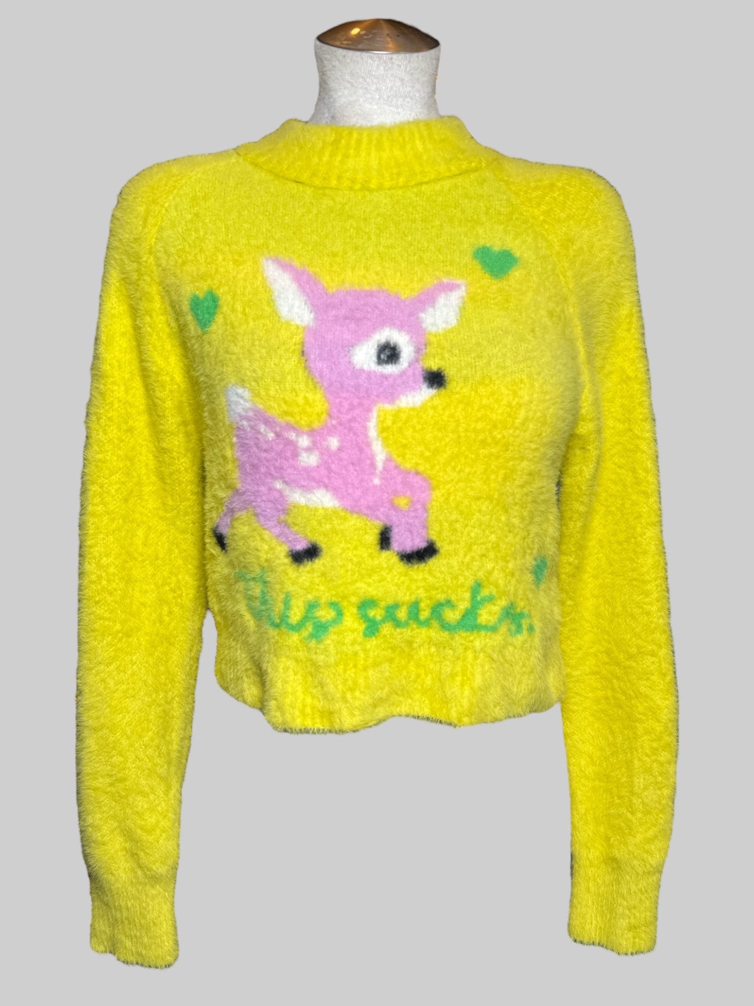 L NWT Urban Outfitters fuzzy yellow sweater with deer and “this sucks”