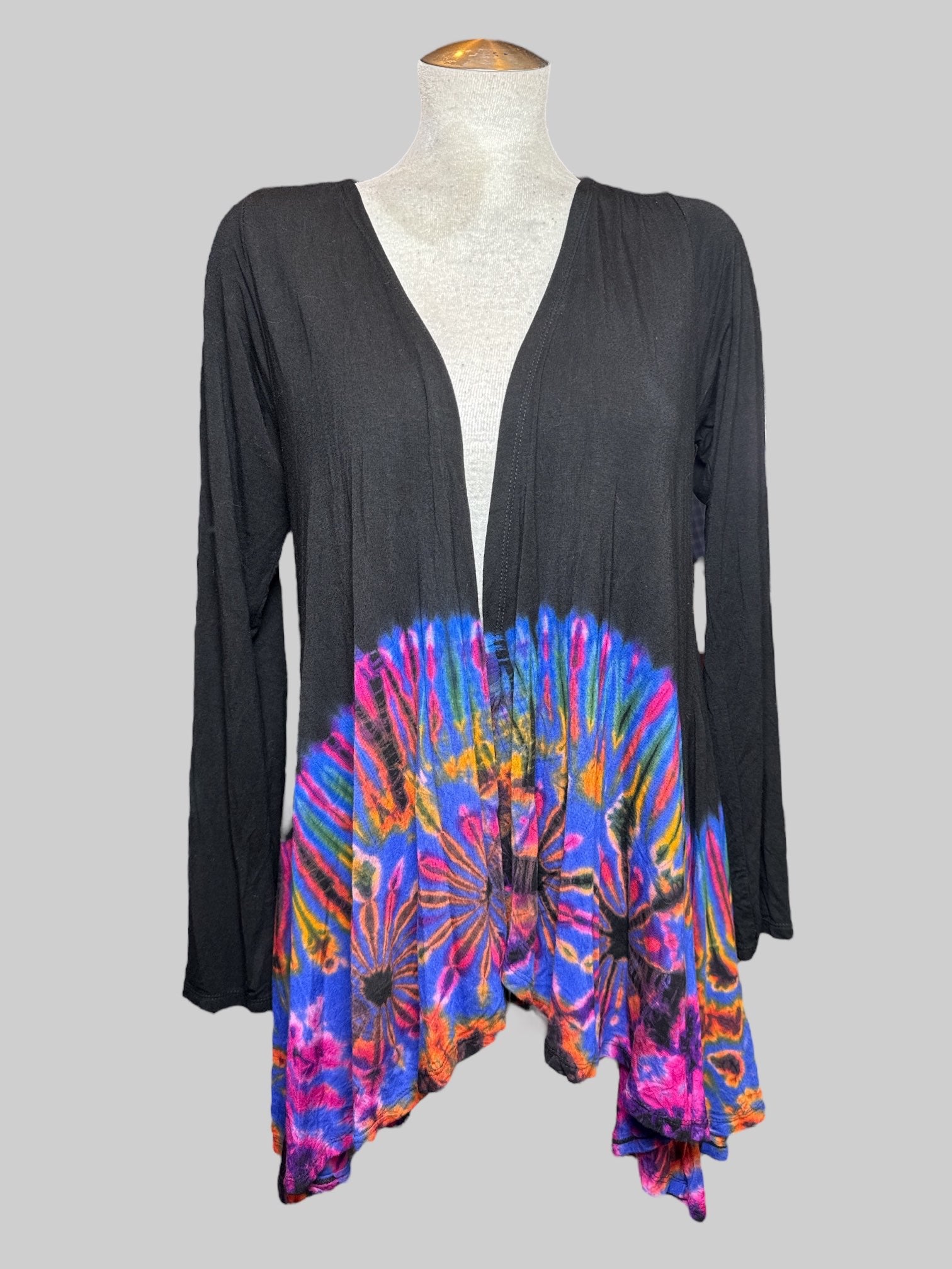 XL black flowy cardigan with fun multicolor tie dye bottom