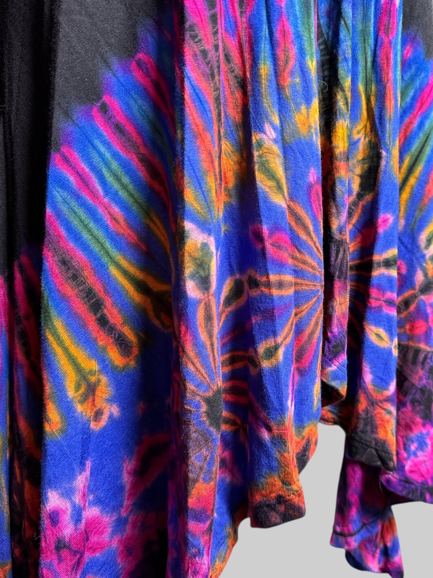 XL black flowy cardigan with fun multicolor tie dye bottom