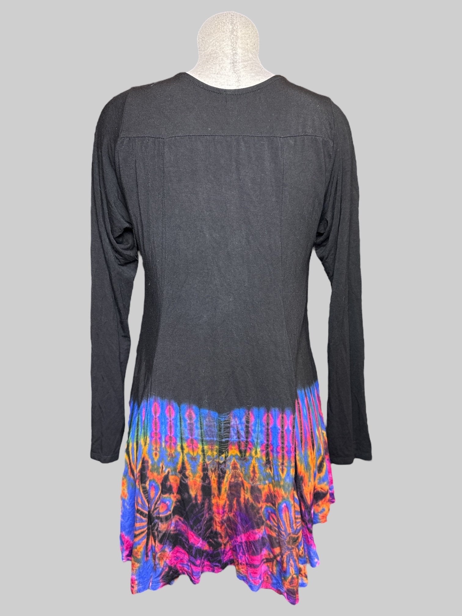 XL black flowy cardigan with fun multicolor tie dye bottom