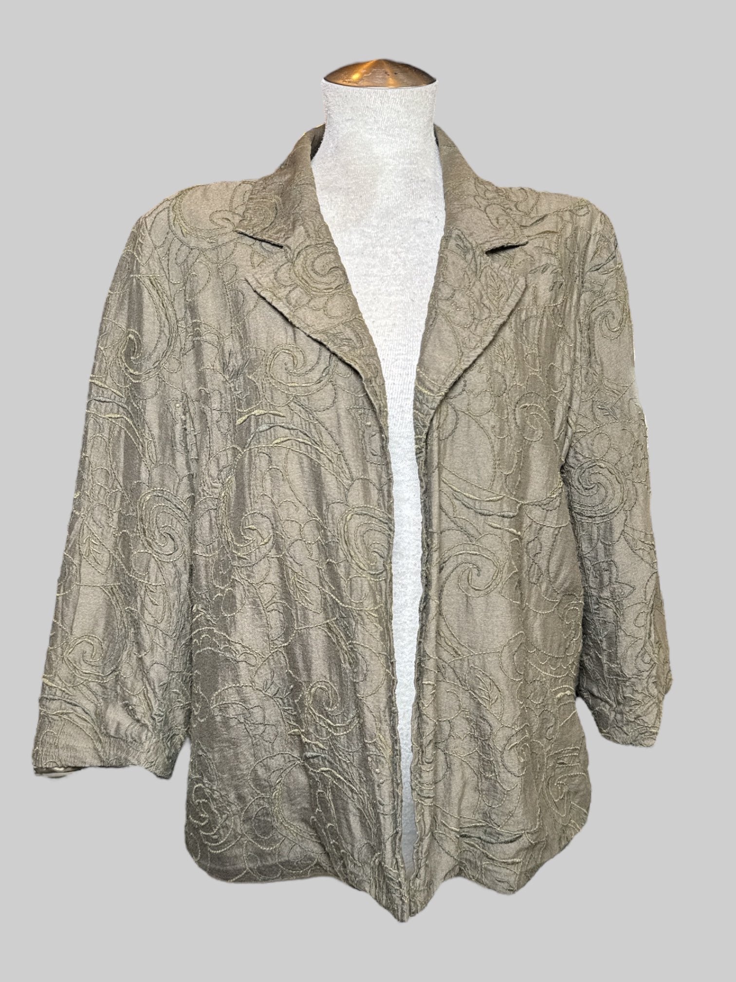 XL grayish green  cardigan with floral embroidery and quarter sleeves