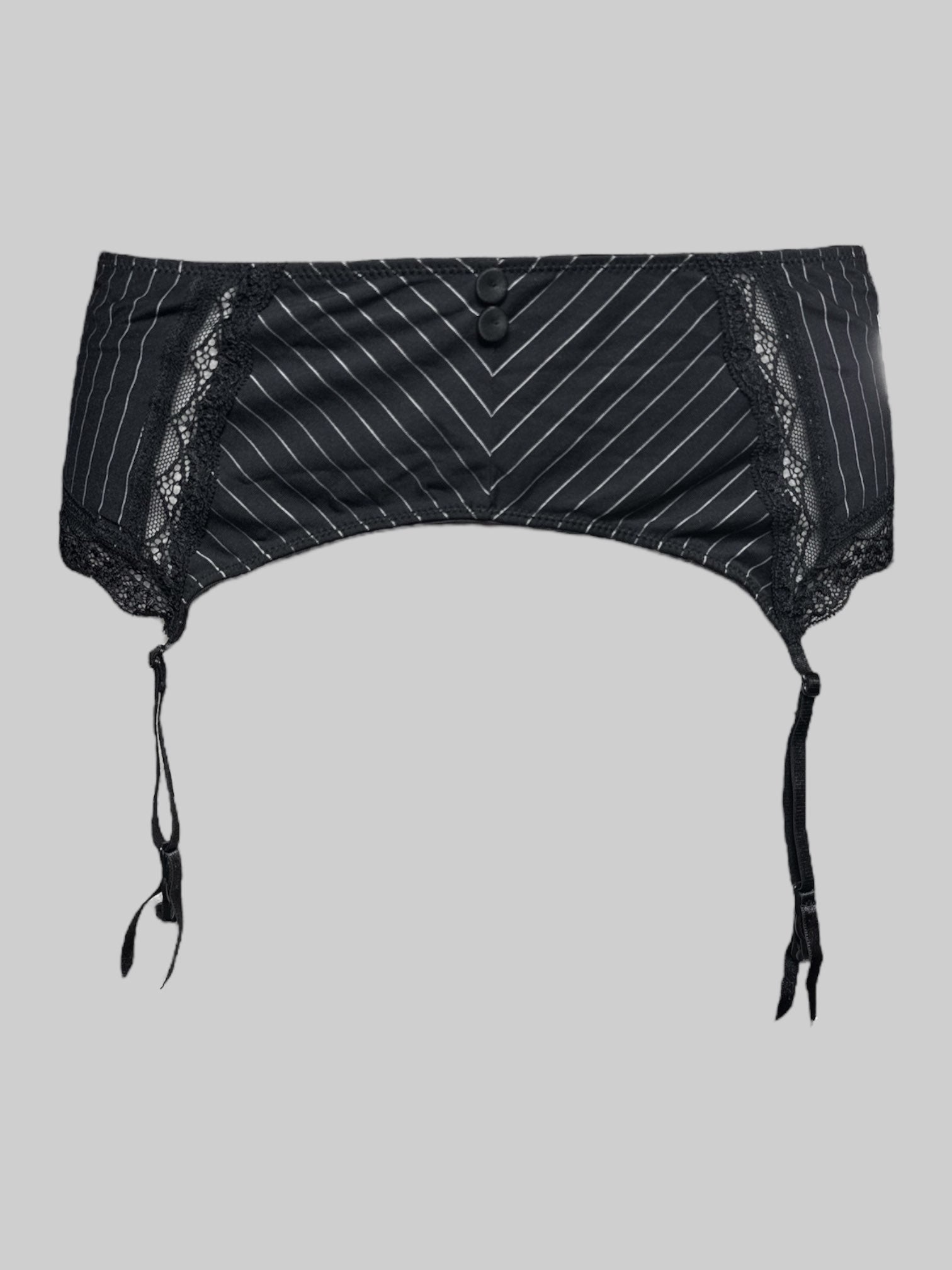 XL black and white pinstriped garter belt
