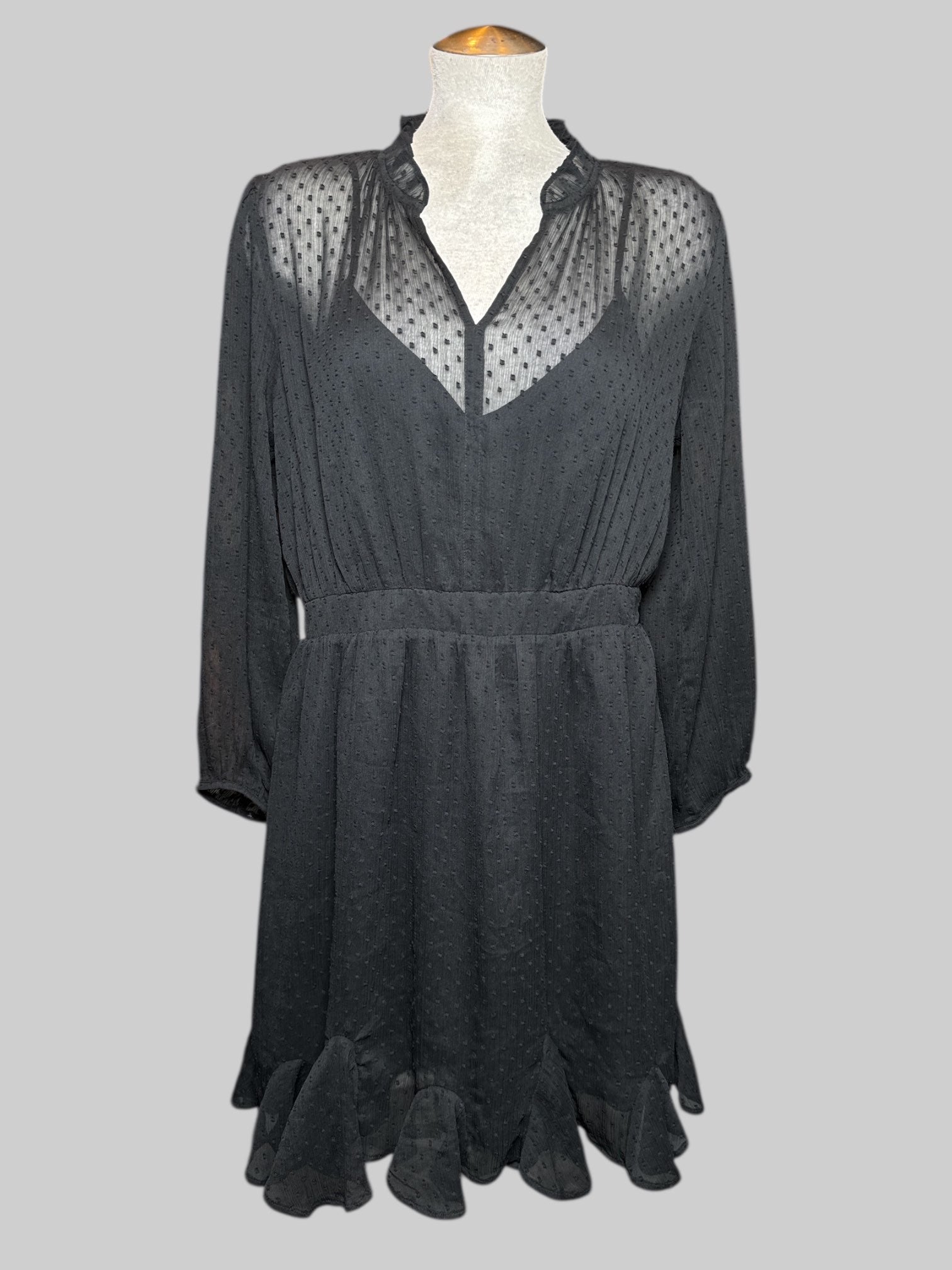 0X NWT black dress with textured polka dots, sheer chest with slip underneath, shirred waist, and ruffle bottom