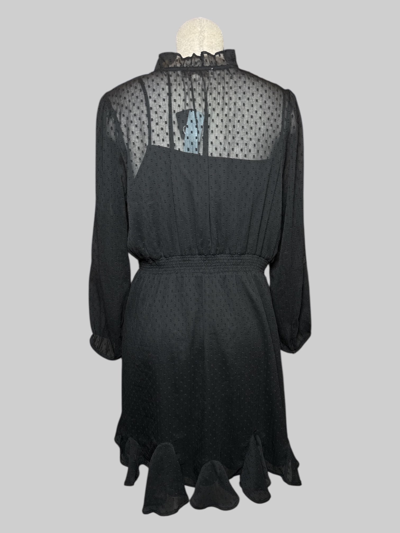 0X NWT black dress with textured polka dots, sheer chest with slip underneath, shirred waist, and ruffle bottom