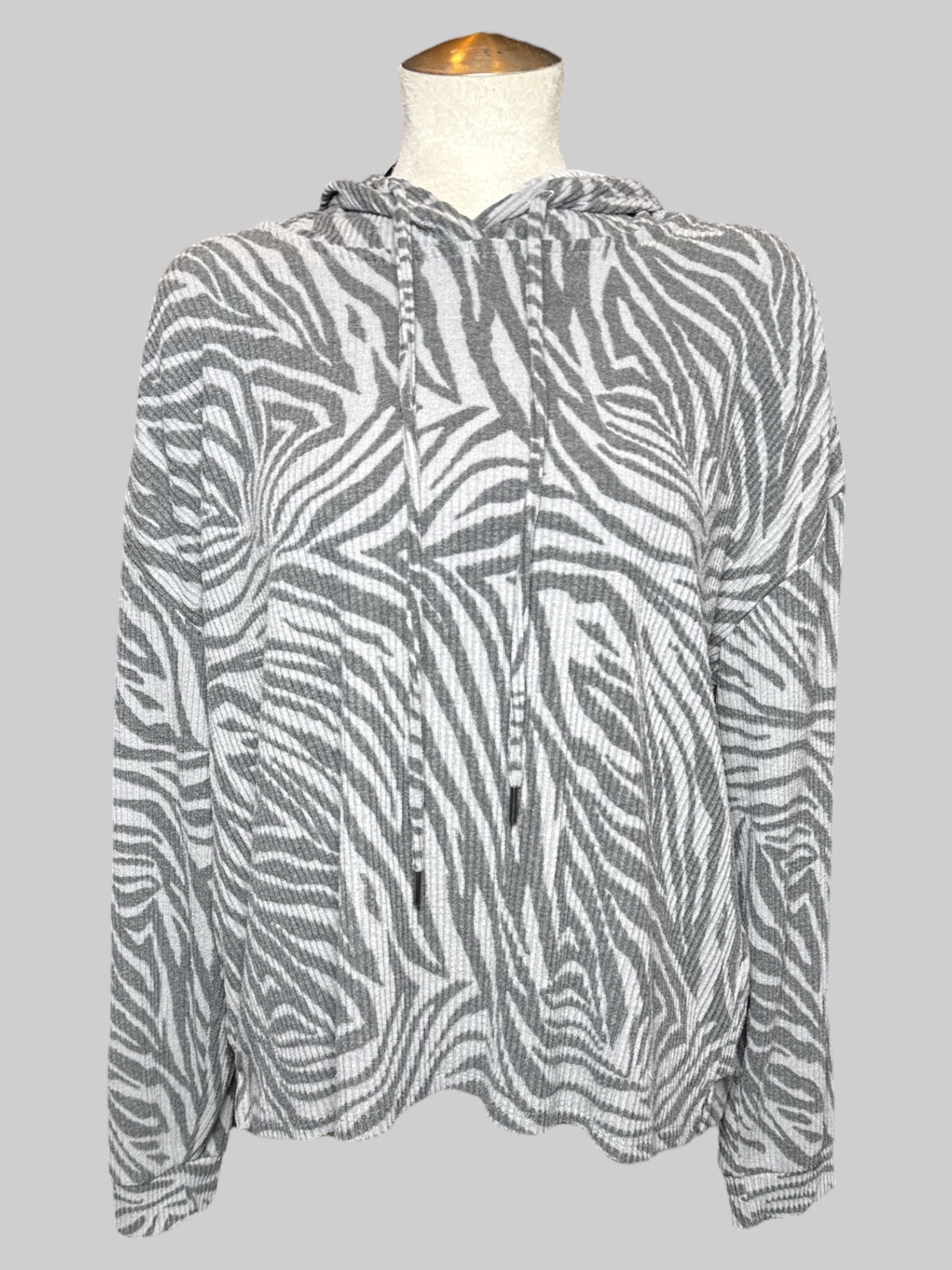 2X gray and black ribbed velour zebra print hoodie