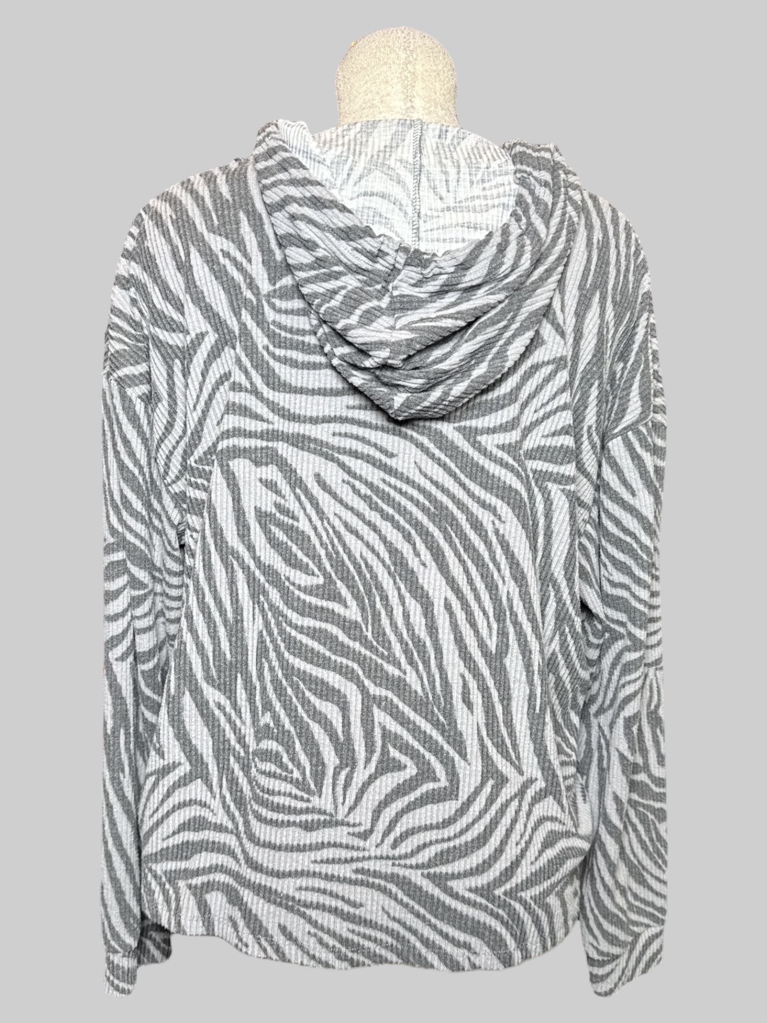 2X gray and black ribbed velour zebra print hoodie
