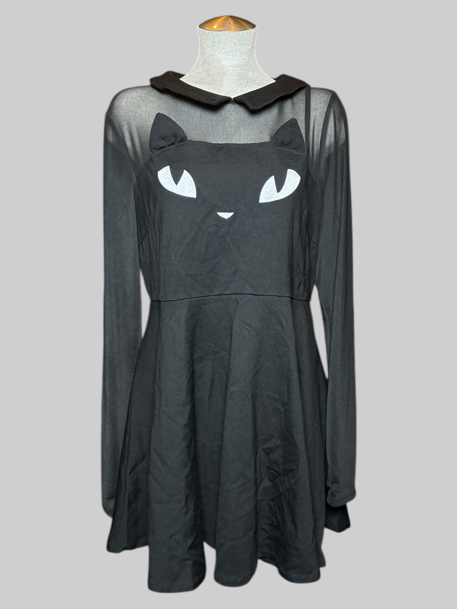 1X Emily the Strange black cat dress with sheer chest, sheer sleeves, and thumb holes
