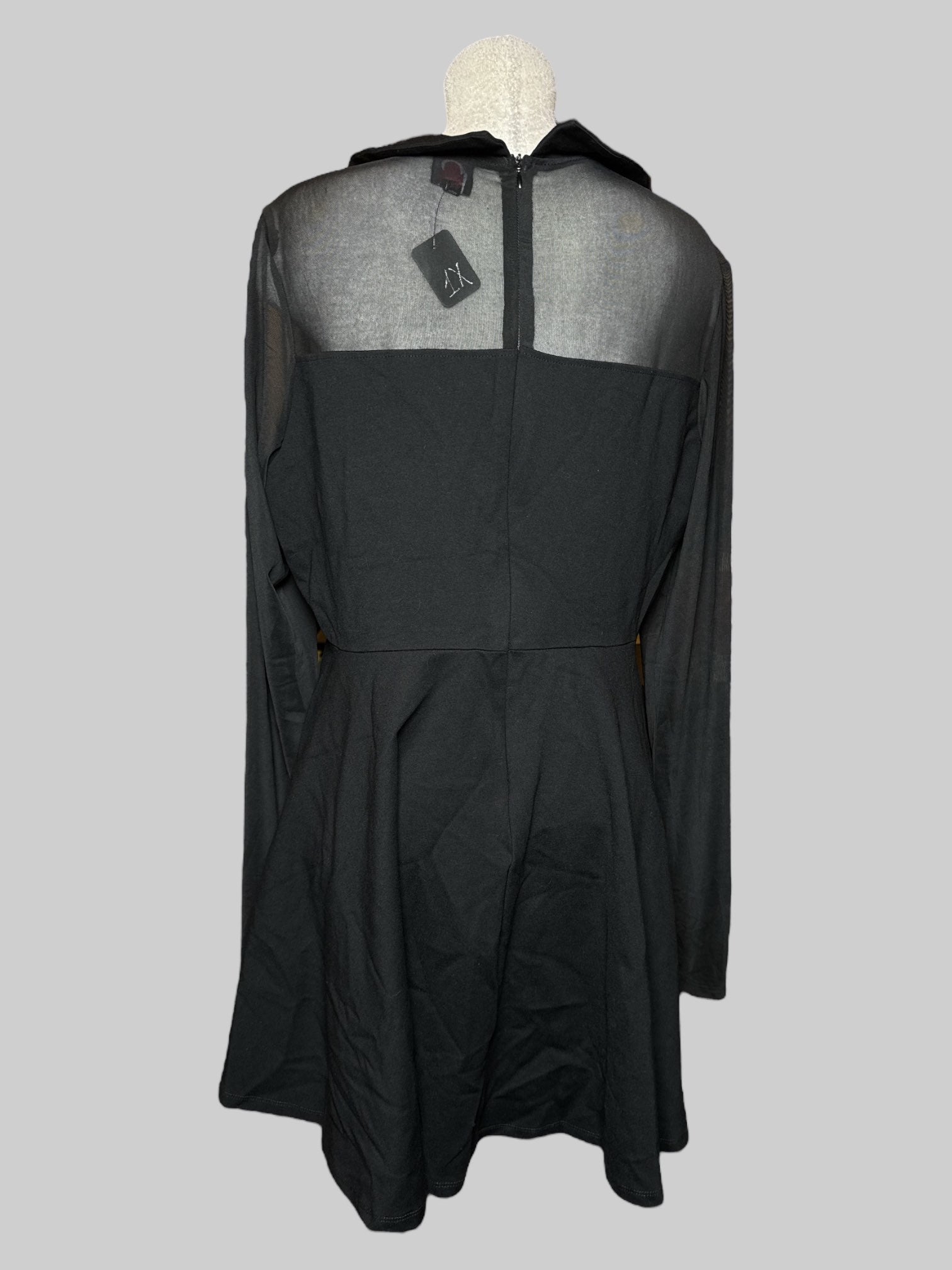 1X Emily the Strange black cat dress with sheer chest, sheer sleeves, and thumb holes