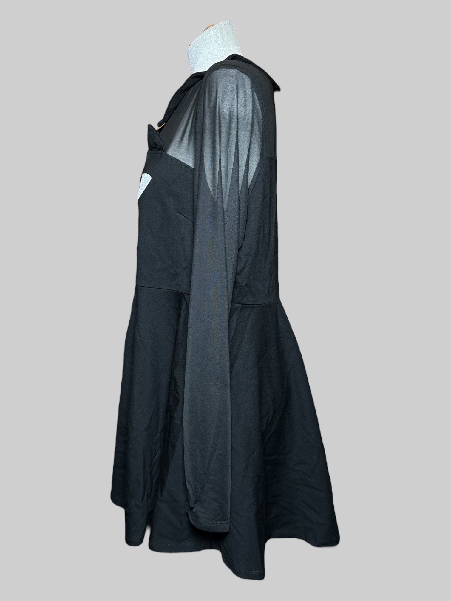 1X Emily the Strange black cat dress with sheer chest, sheer sleeves, and thumb holes