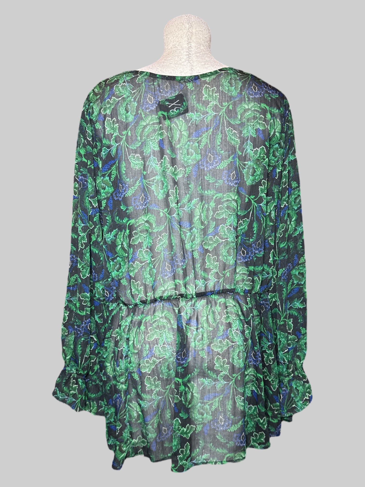 3X sheer black long sleeve blouse with metallic silver, green and blue florals, drawstring, and lace details
