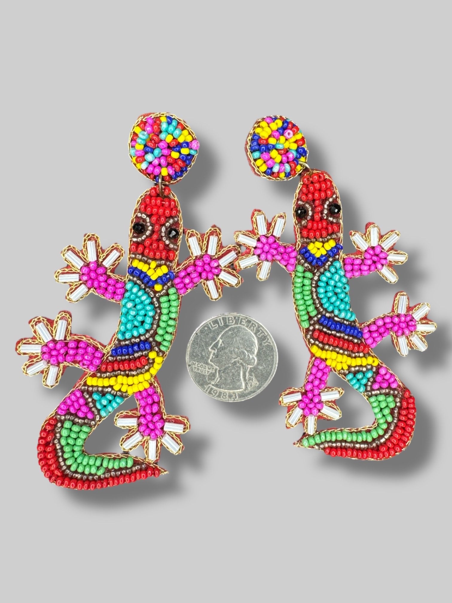 3.5” long multicolor beaded lizard earrings