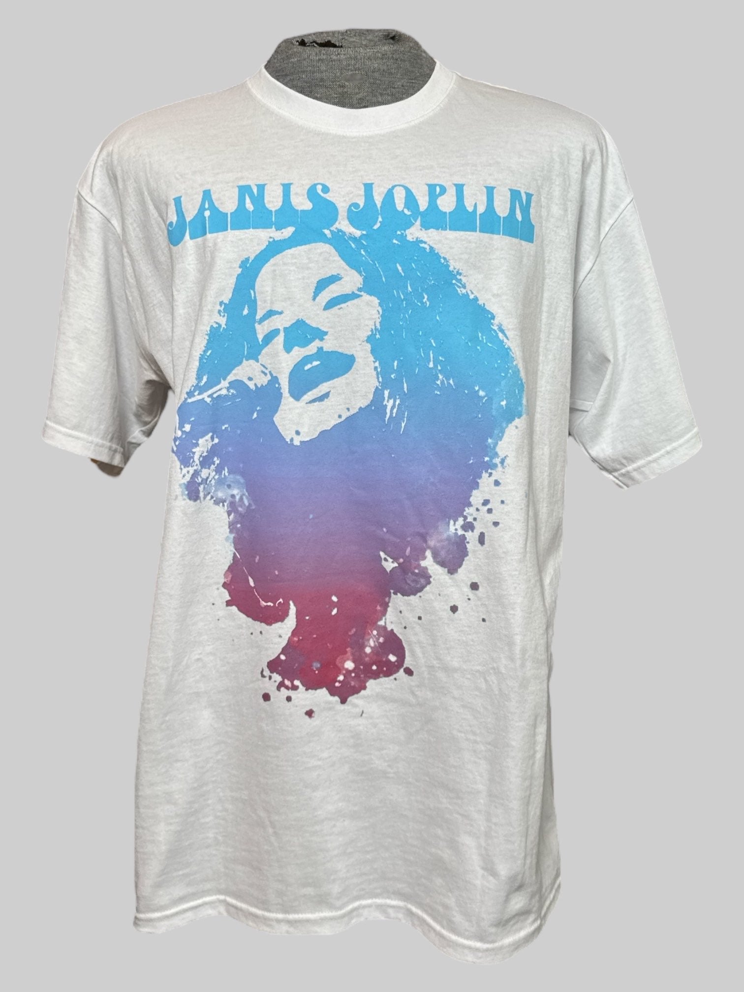 1X white T-shirt with blue to pink ombre, Janis Joplin graphic