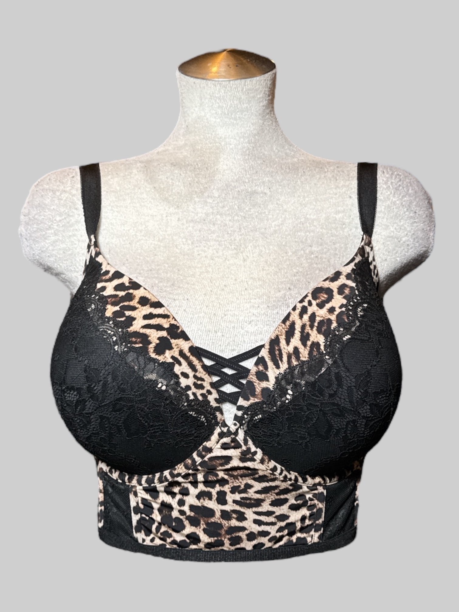 3X NWT leopard print corset style bra, let with adjustable straps, and mesh panels