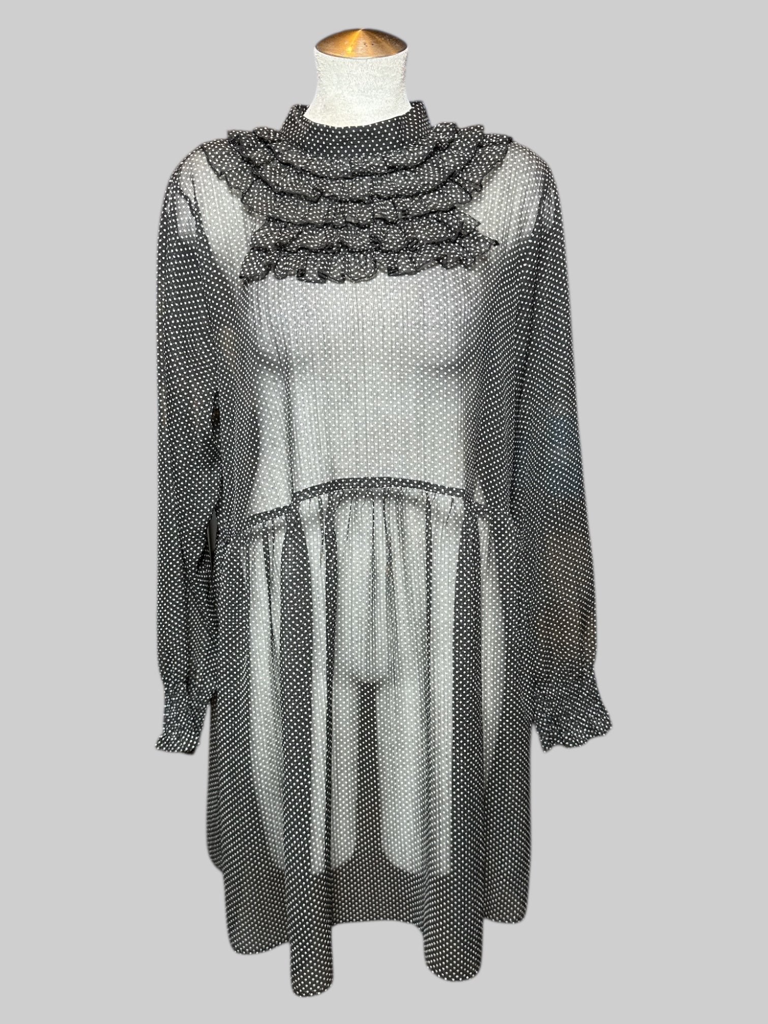 XL black and white polkadot, sheer, long sleeve dress with balloon sleeves, ruffle design on neckline, and keyhole with two buttons on back