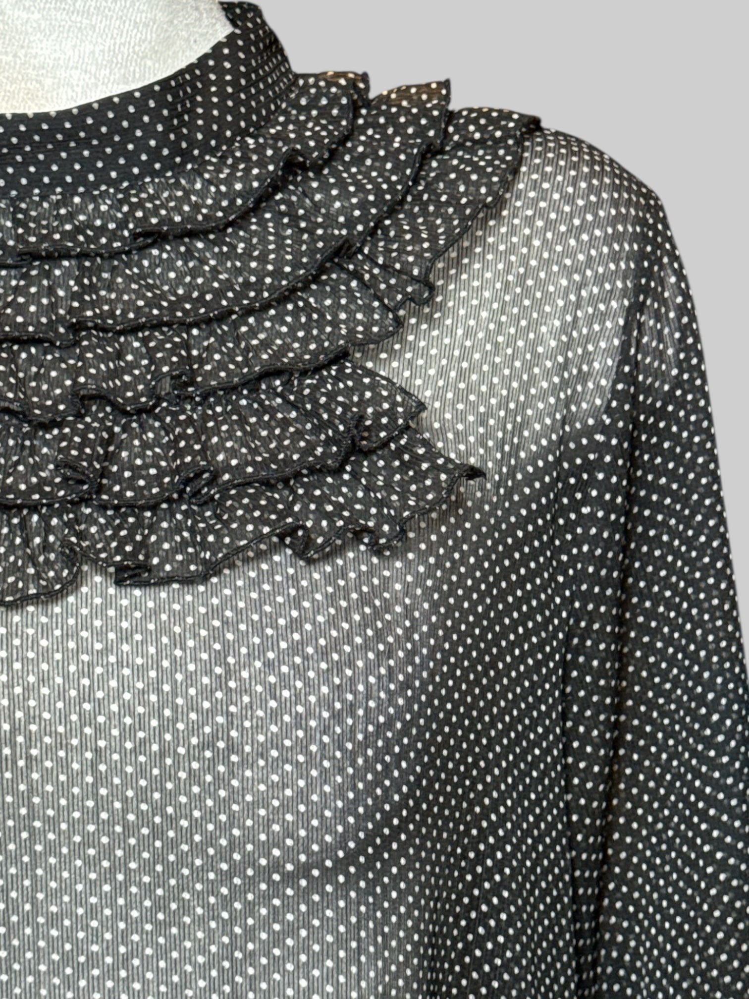 XL black and white polkadot, sheer, long sleeve dress with balloon sleeves, ruffle design on neckline, and keyhole with two buttons on back
