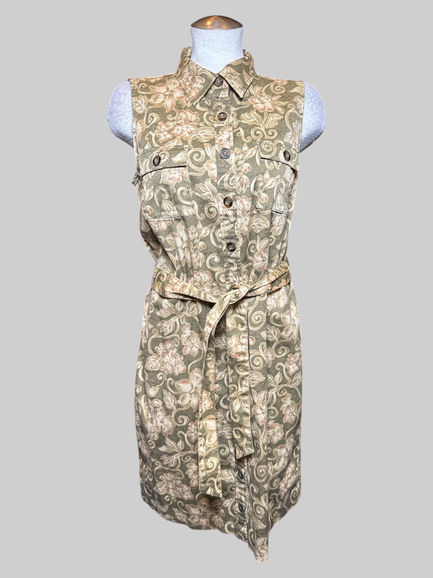 M Charter Club sleeveless button up brownish green dress with light brown and slight red florals and detachable belt