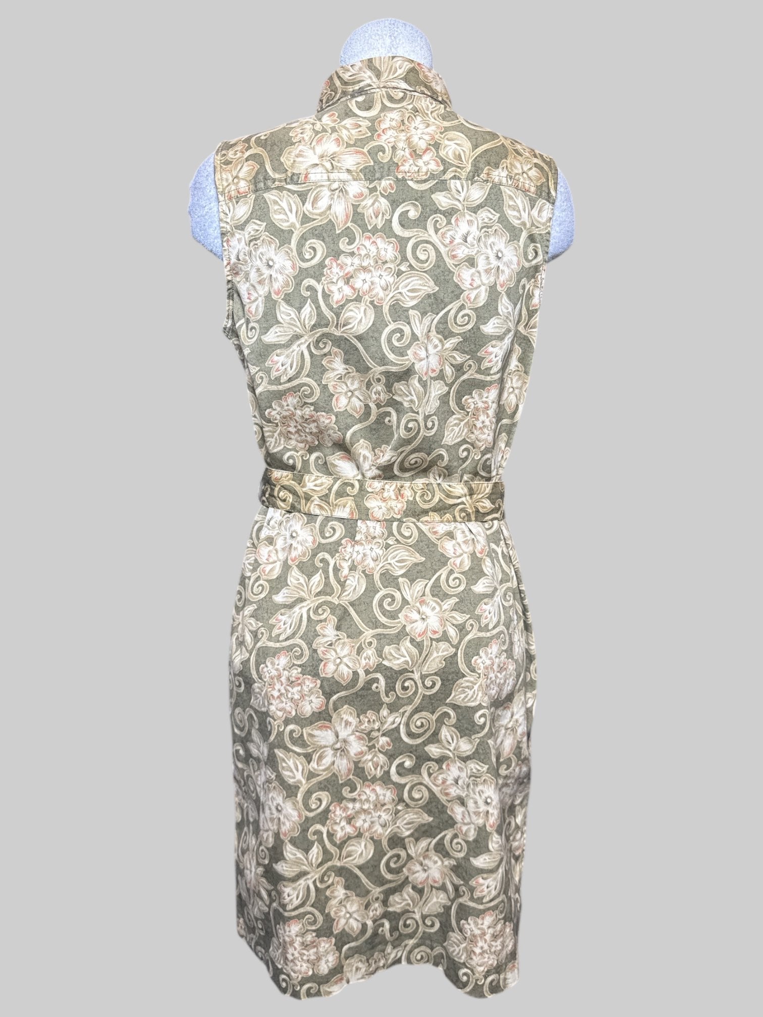 M Charter Club sleeveless button up brownish green dress with light brown and slight red florals and detachable belt