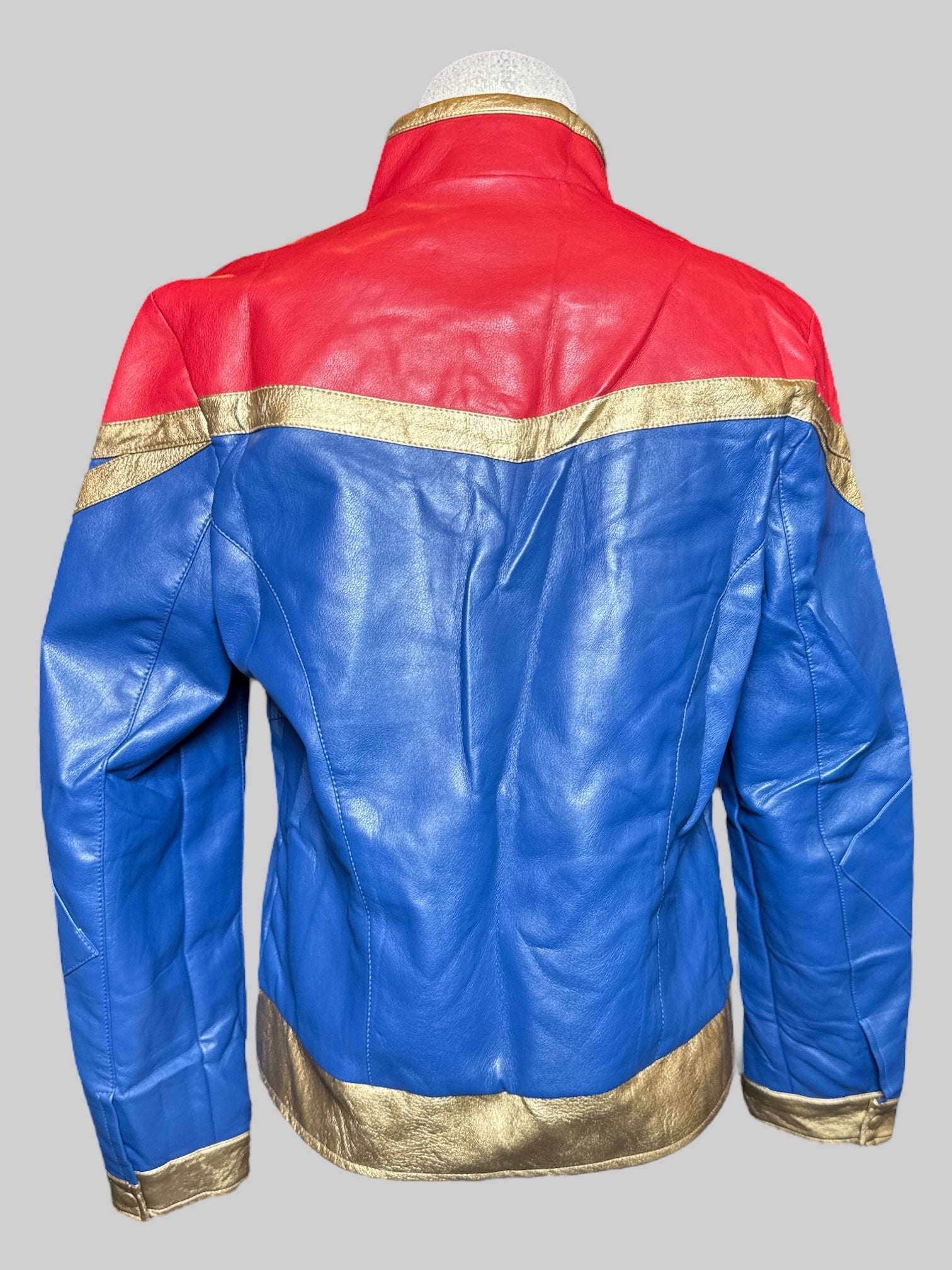 M Marvel blue, red and gold Captain Marvel jacket