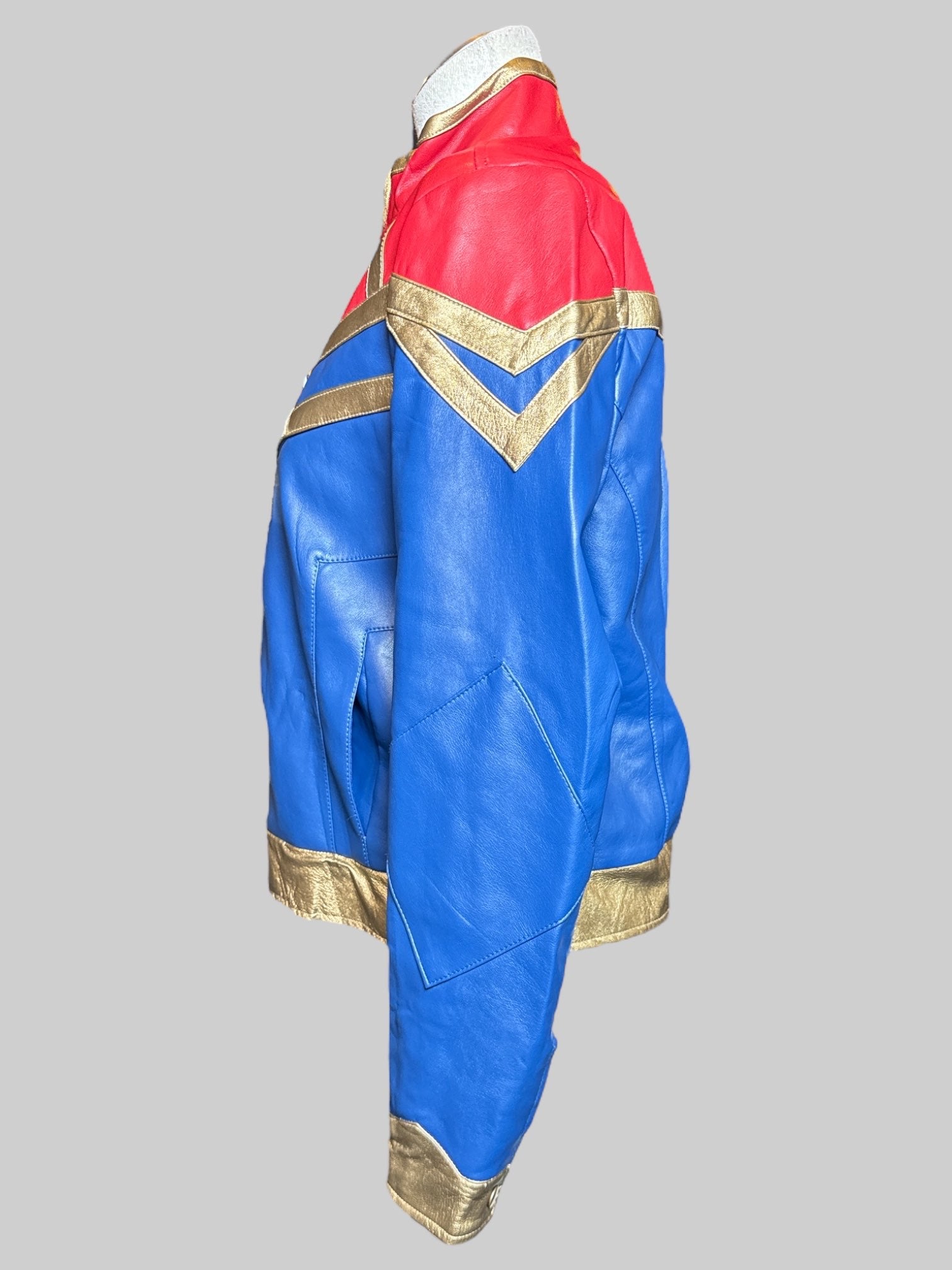 M Marvel blue, red and gold Captain Marvel jacket